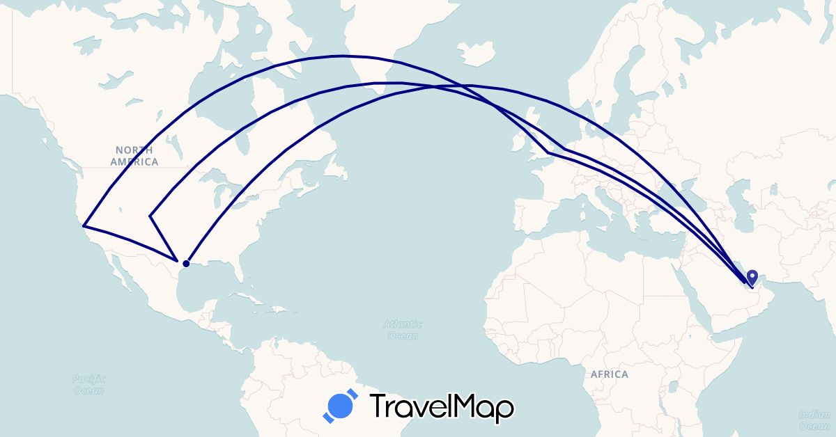 TravelMap itinerary: driving in United Arab Emirates, Bahrain, United Kingdom, Netherlands, Qatar, United States (Asia, Europe, North America)